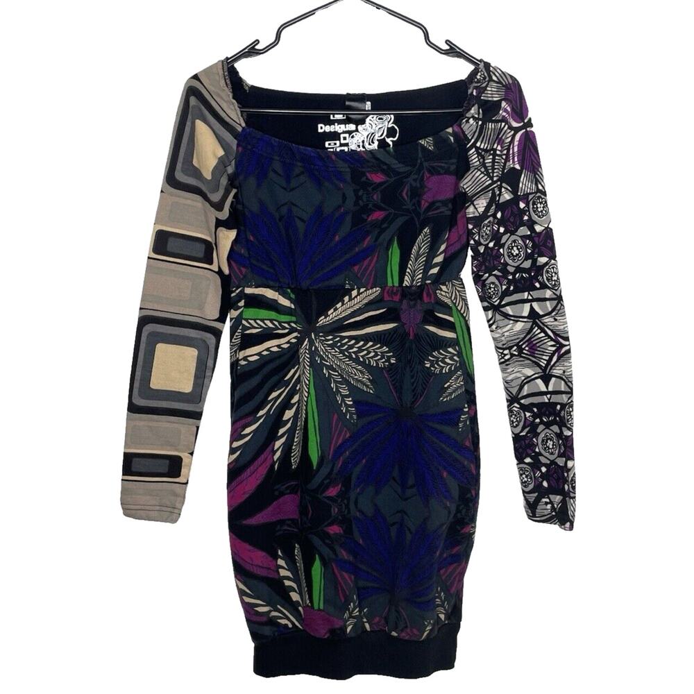 Desigual Bodycon Mini Dress S Long Sleeve Graphic Y2K Artsy‎ Boho Streetwear